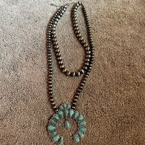 Source Unknown Blue and Silver Necklace with Squash Blossom Pendant